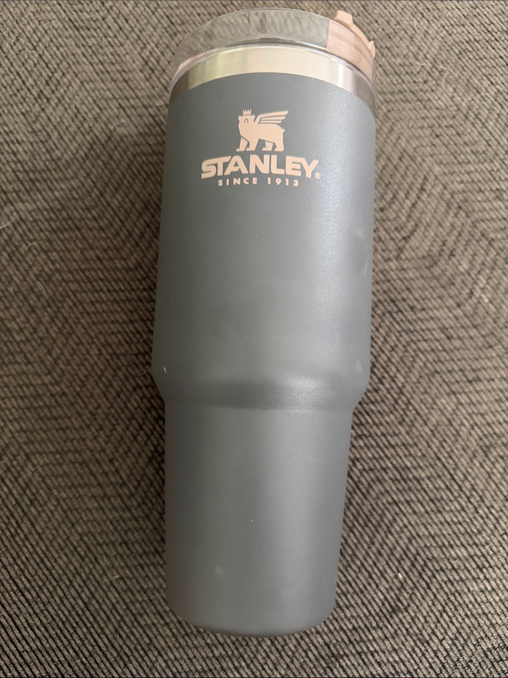 Stanley Matte Gray Travel Tumbler with Pale Pink Logo